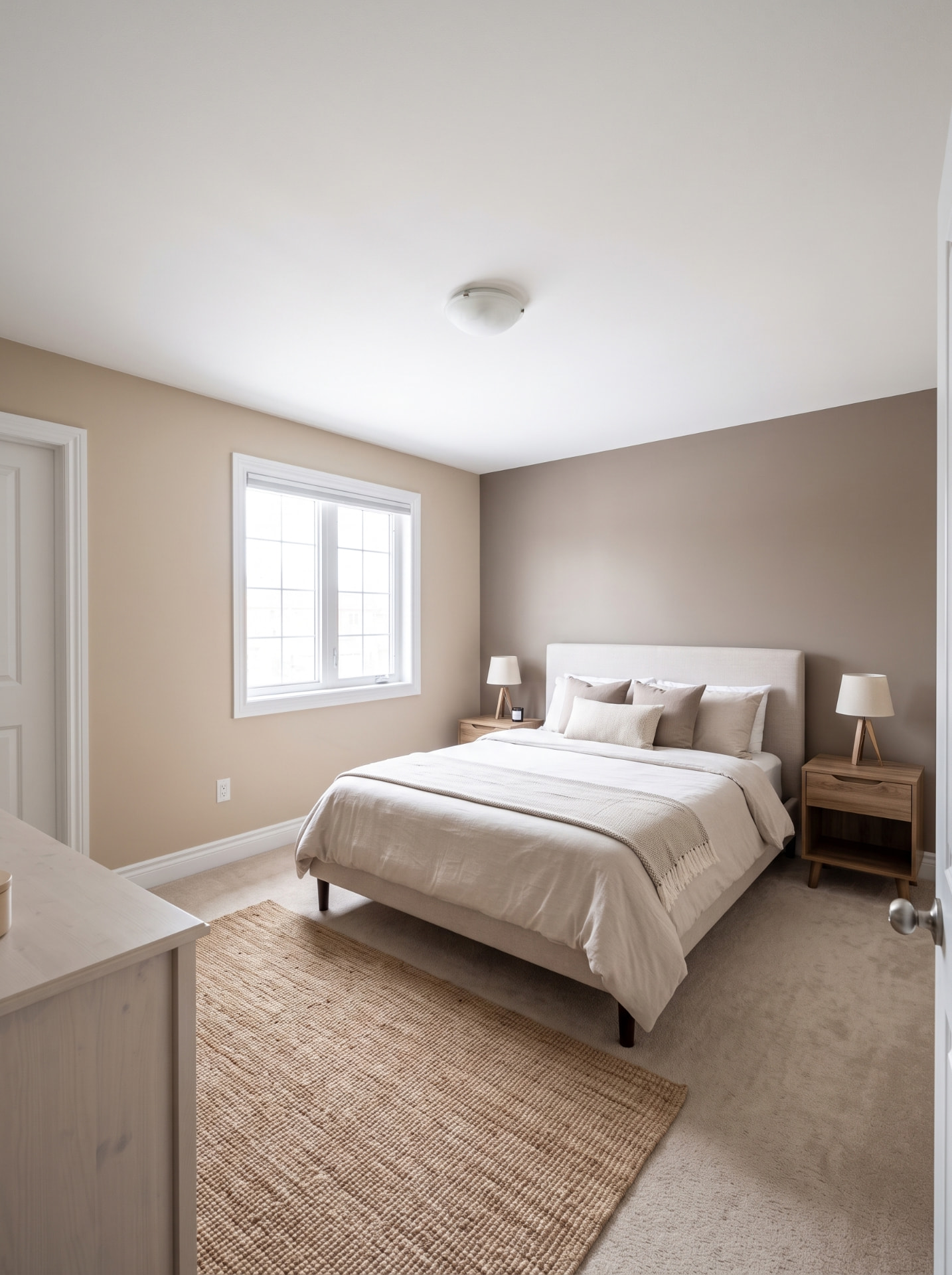 The same bedroom after the walls were repainted in a warm tan colour