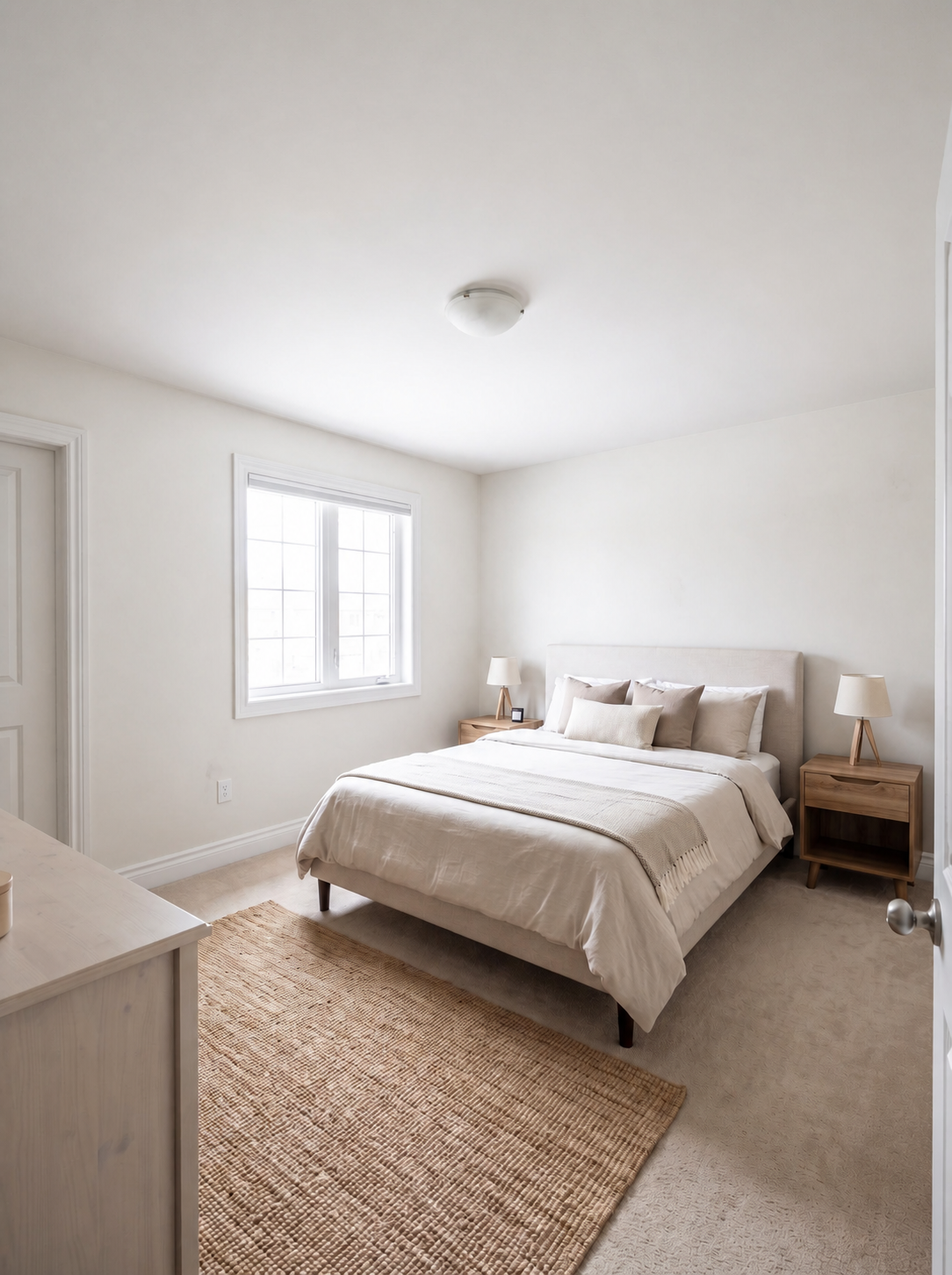 Bedroom with off-white walls, a bed with beige linens and wood nightstands before repainting