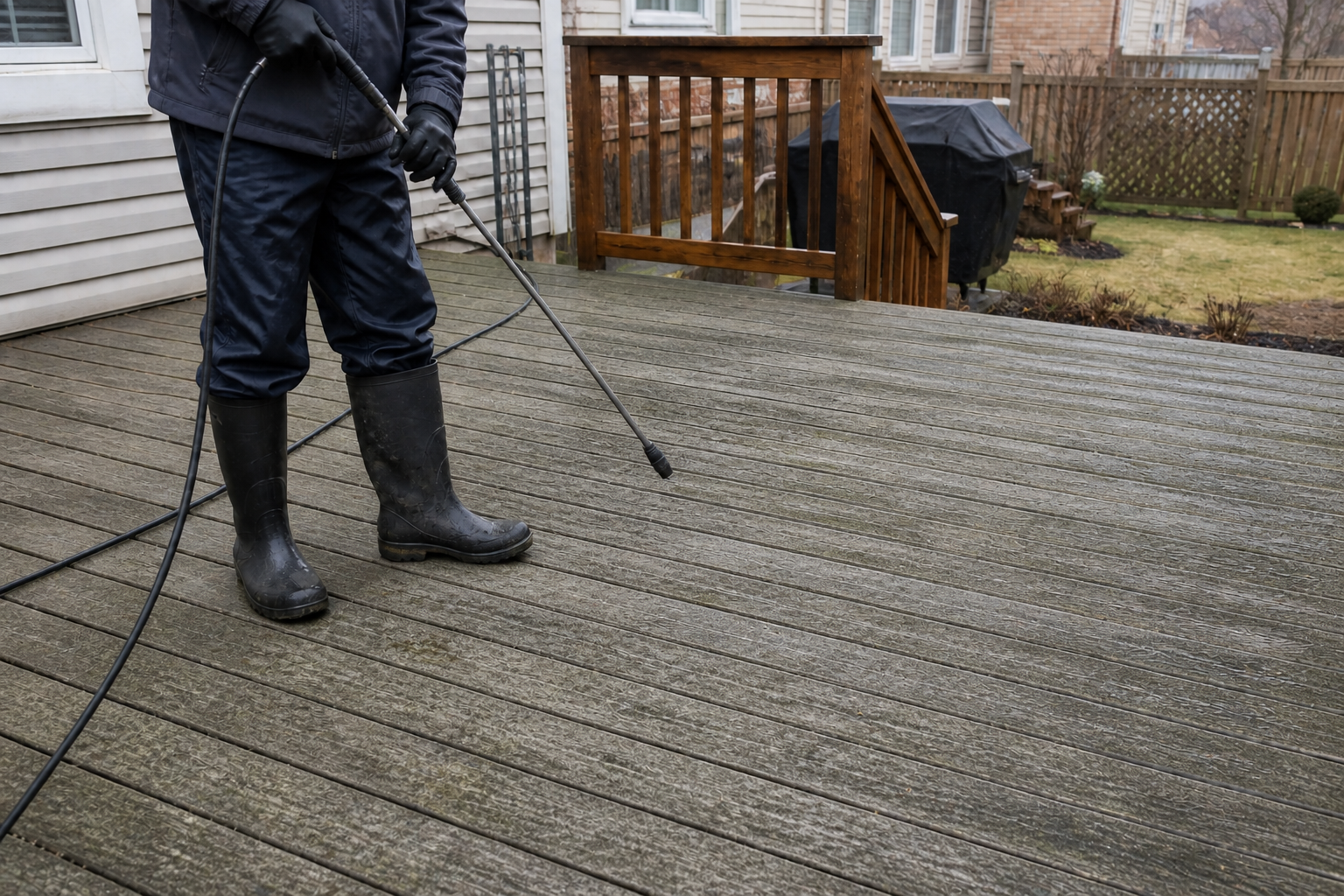 Weathered residential wood deck before pressure washing