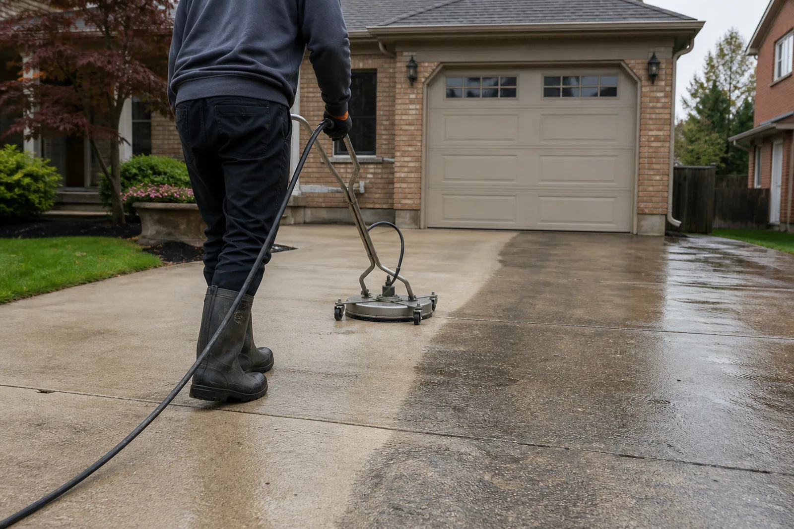 Residential concrete driveway being cleaned with a pressure-washer surface attachment