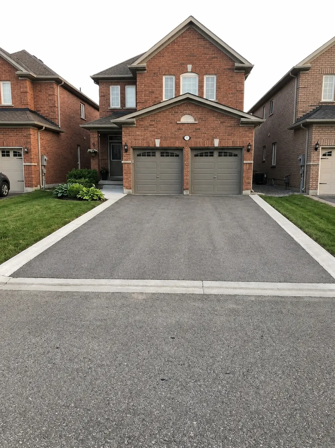 Grey, weathered asphalt driveway in front of a brick home before sealing