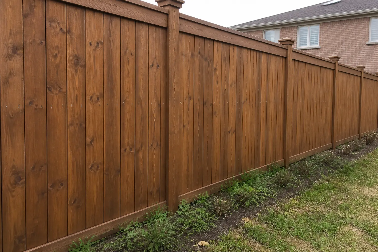 Backyard wood fence finished with a warm brown semi-transparent stain