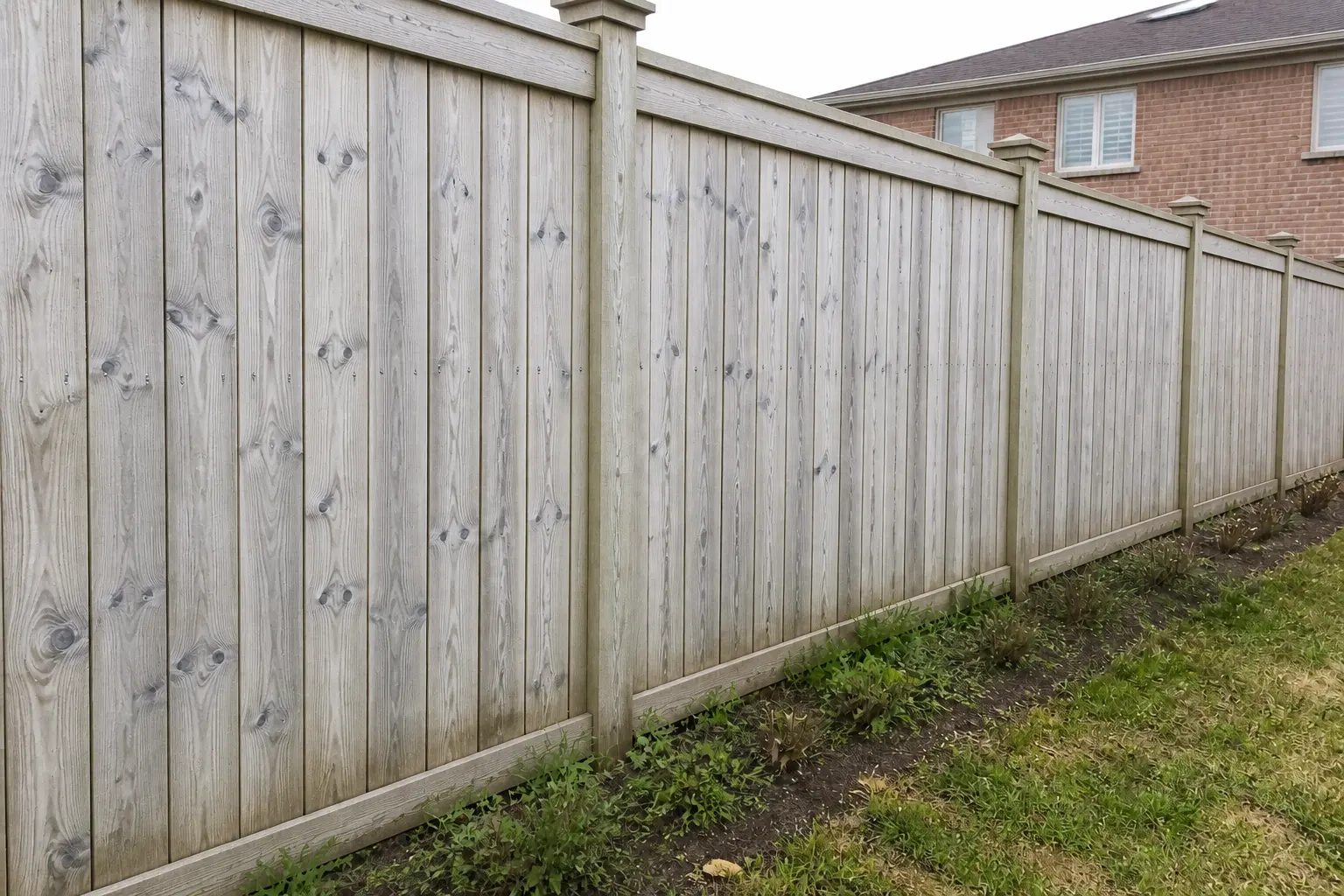 Grey, weathered wood privacy fence in a backyard before staining