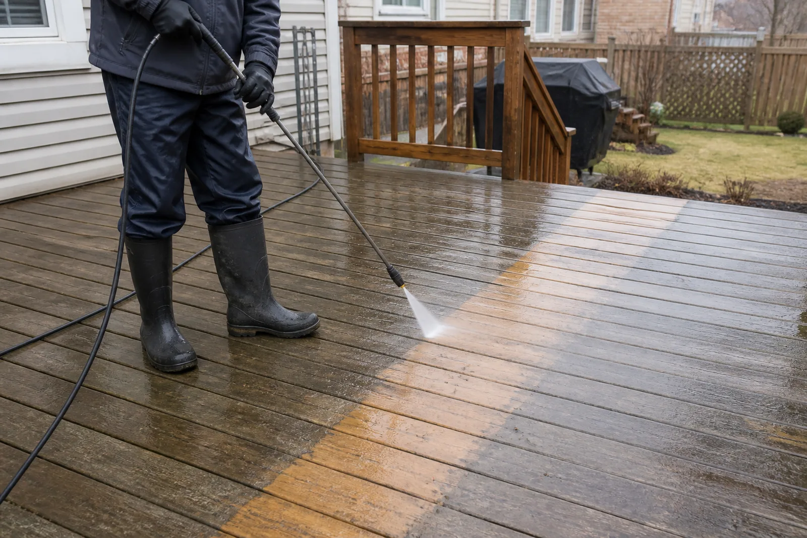 Pressure washing a weathered residential wood deck with a clean path visible behind the spray