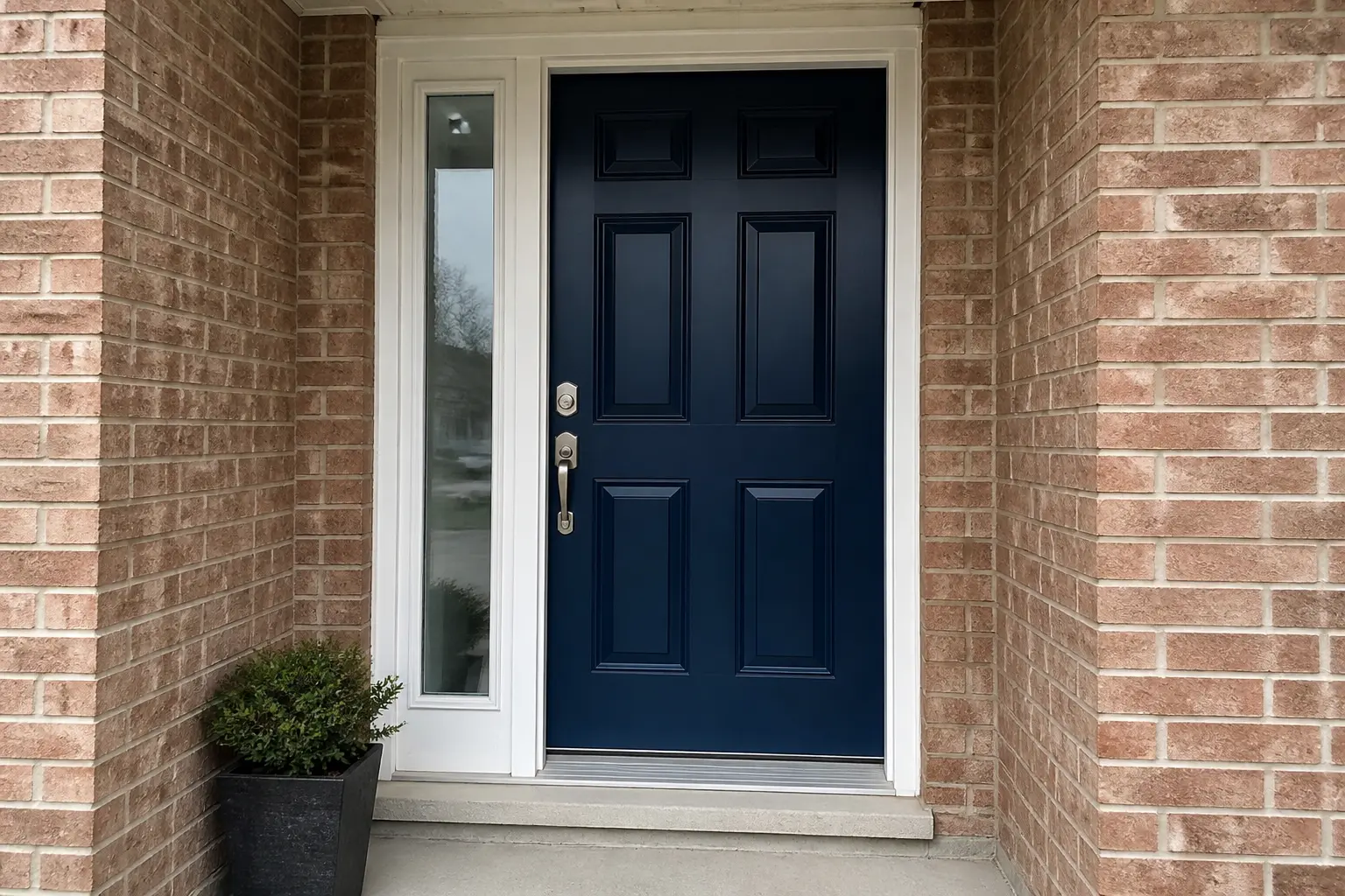 Panelled front door repainted in a deep navy colour on a brick home