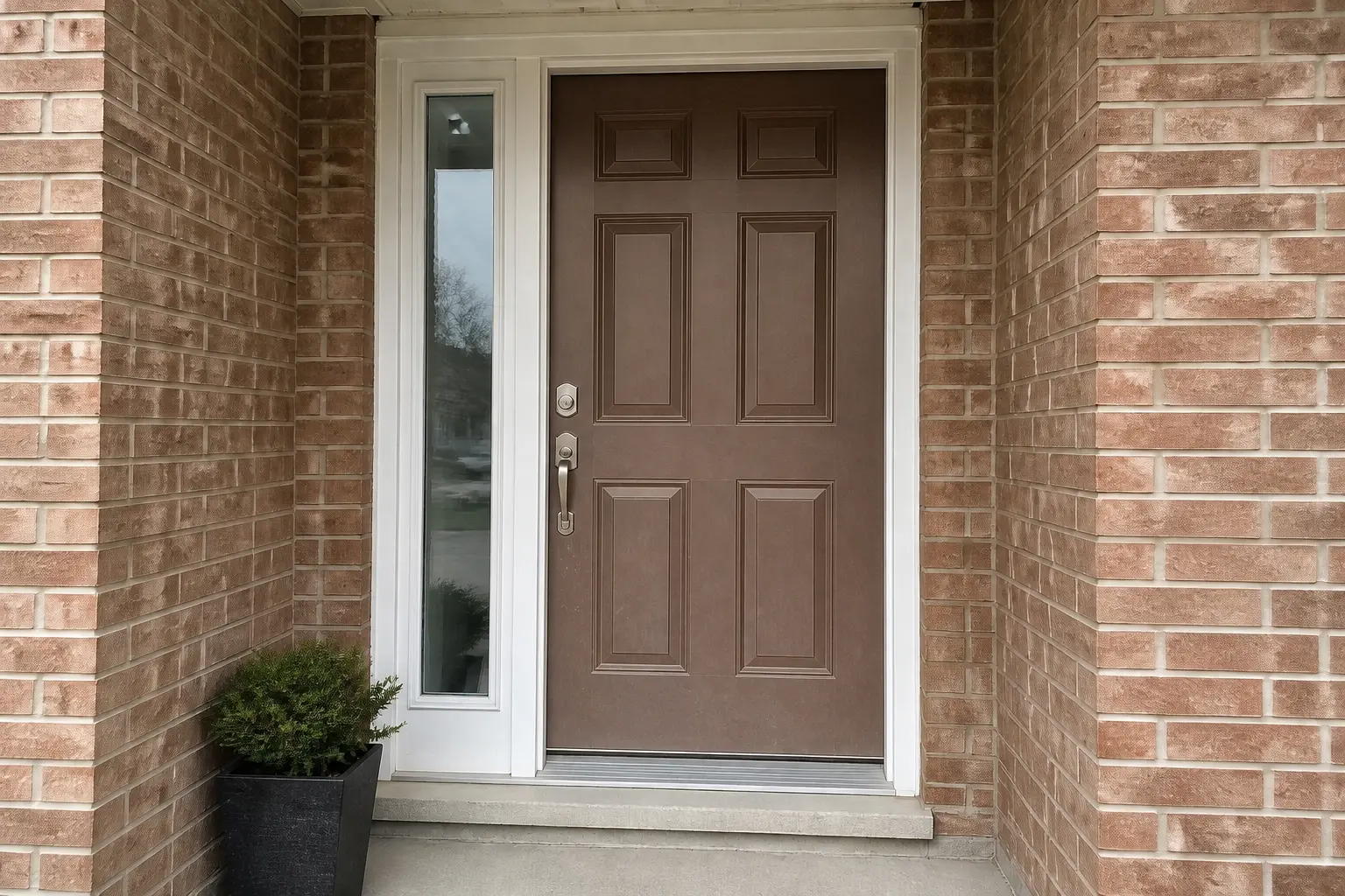 Brown panelled front door on a brick home before repainting