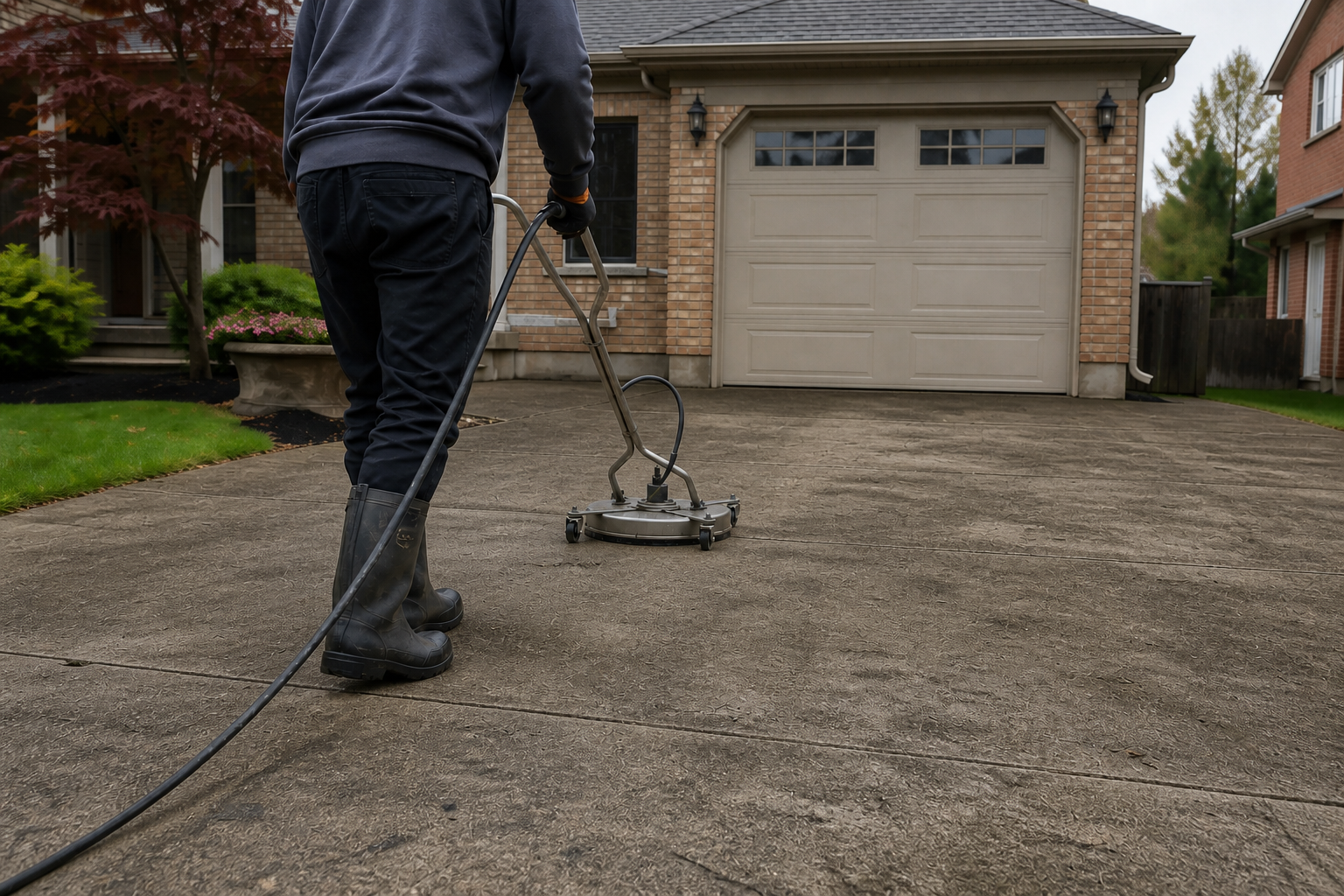 Residential concrete driveway before pressure washing